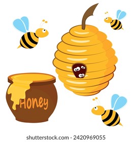 Vector image of honey, beehive and bees. Healthy and delicious natural honey.