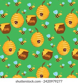 Vector image of honey, beehive and bees. Healthy and delicious natural honey. A pattern for printing and printing on paper and textiles.
