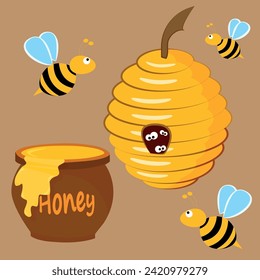 Imagen vectorial de miel, colmena y abejas. miel natural saludable y deliciosa. Patrón de impresión e impresión en papel y textiles.