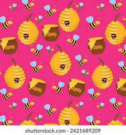 Vector image of honey, beehive and bees. Healthy and delicious natural honey. A pattern for printing and printing on paper and textiles.