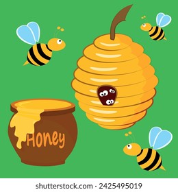 Vector image of honey, beehive and bees. Healthy and delicious natural honey. A pattern for printing and printing on paper and textiles.