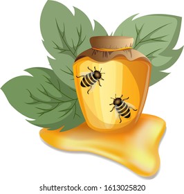 Vector image of honey in various containers. Appetizing fresh amber honey