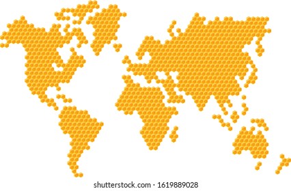 Vector image of a honeycomb repeating the outlines of the world map, as a concept of relationships in different directions on a global scale.