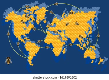 Vector image of a honeycomb repeating the outlines of the world map, as a concept of relationships in different directions on a global scale.