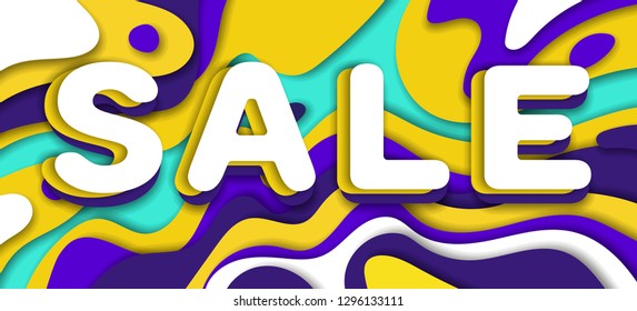 vector image of horizontal advertising banner with the inscription sale, the effect of cut paper, many layers of colored paper