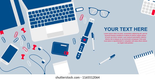 Vector image of the horizontal banner of the desktop with the presence of his office, laptop, diary, smart watch and phone with headphones