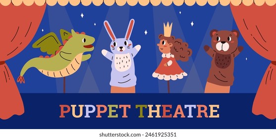 Vector image of the horizontal format of a puppet theater stage with puppets, a dragon, a princess, a hare and a bear, acting out a fairy-tale performance.