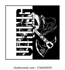 Vector image of the horned helmet and axe of a fantasy warrior. Fighting axe of the Viking. Warrior poleaxe. Double hatchet of the Celtic solder. Drawing for design. Illustration for t shirt print.