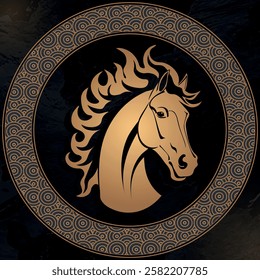 Vector image of a horse. Golden texture. Chinese style image. Horse head. Fire horse