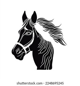 Imagen vectorial de un caballo aislado. Buen uso para el símbolo, logotipo o cualquier diseño. Un caballo con el pelo largo en la cabeza y una brida en la cabeza, en blanco y negro