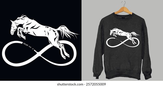 Vector image of a horse jumping over an infinity sign. Print for clothing. Never give up. Print with a horse