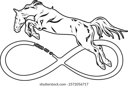 Vector image of a horse jumping over an infinity sign. Print for clothing. Never give up. Print with a horse