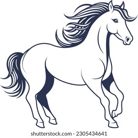 Vector image of a horse with a long mane and tail on a white background. Design elements for logo, label, emblem, and sign.