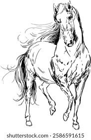 Vector image of a horse in motion. Front view.Black and white drawing of a graceful running horse in dynamic motion. Black and white horse drawing. Detailed graphics made in ink or line drawing style.