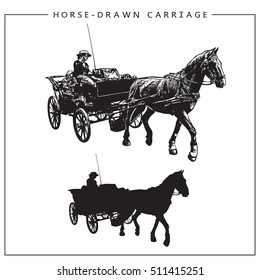 Vector Image of a Horse-drawn Carriage, Horse Cart with Coachman. 
Isolated black and white picture and silhouette.