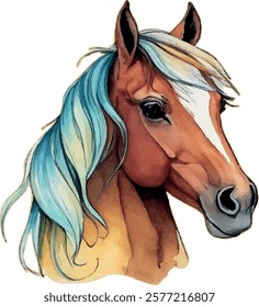 Vector image of a horse's face drawn in watercolor. Sticker with a horse. Watercolor