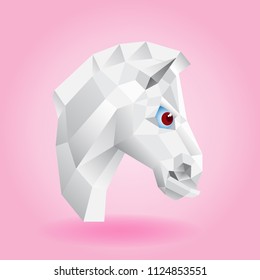 Vector image of the horse's head on a pink background in a square. Low polygonal silhouette of a white animal with large red eyes.