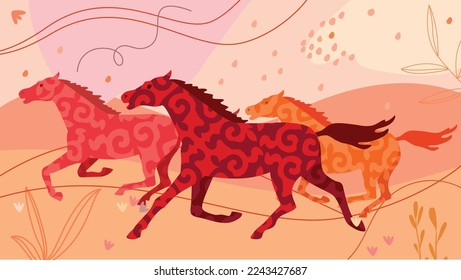 Vector image of horses running across the steppe with national ornaments