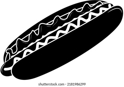 Vector image of a hot dog on a white background, black and white drawing (silhouettes)