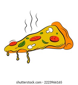 Vector image of the hot piece of pizza with basil cheese salami and mushrooms isolated on the white background.