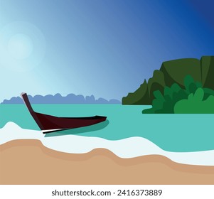Vector image, a hot tropical island and a sandy beach. The mountains are covered with greenery.