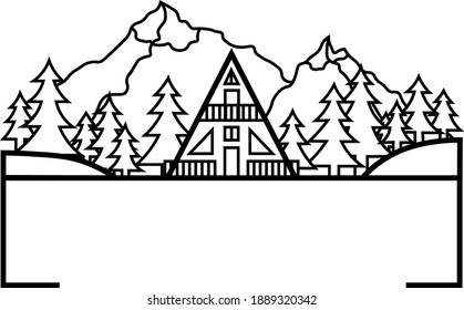 Vector image of a house in the forest. Mountains in the background. The image is suitable for logos, it will look good on business cards.