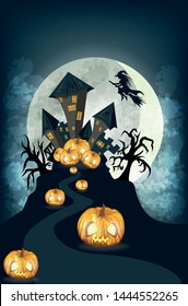 Vector image with a house in the form of a castle and pumpkins around . From a series of illustrations for Halloween