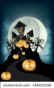 Vector image with a house in the form of a castle and pumpkins around . From a series of illustrations for Halloween