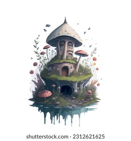 vector image of house in the form of a mushroom from a fantastic world