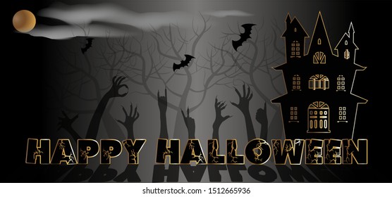 Vector image of the house and the hands of monsters. Illustration of a dark banner for Halloween.
