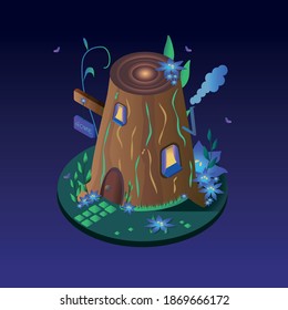 Vector image of a house in a magic forest, which is located in a tree stump. Depicted in isometric view.