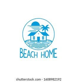 Vector image of a house on the beach, with coconut trees and sunlight around it.