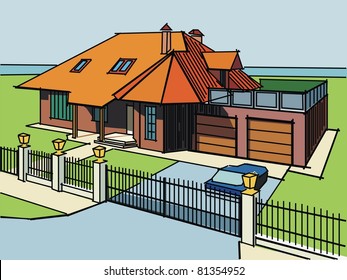 vector image with house on landscape background. Vector illustration