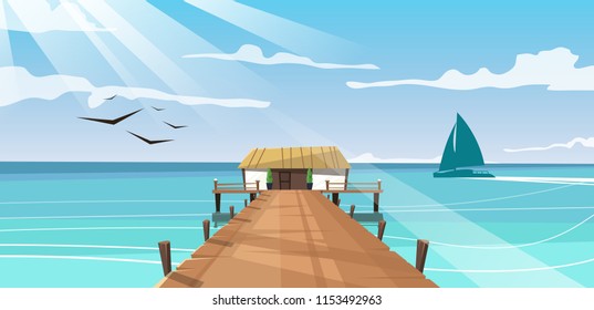Vector image of a house on the water, in the azure sea, on the background of birds and yachts