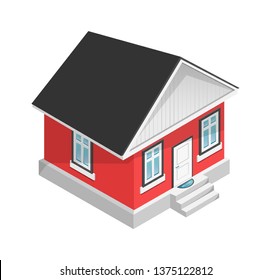 Vector image of a house with red walls and white windows. The illustration is made in isometric style.