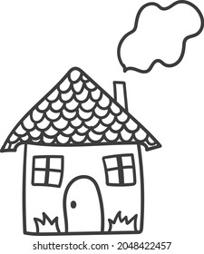 Imagen vectorial de una casa con humo de una chimenea. La silueta es un contorno negro. Diseño de afiches, postales, pegatinas, logos.