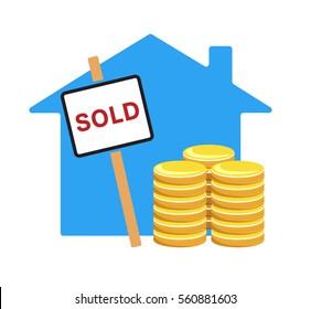 Vector Image Of A House, Sold Sign And Coins