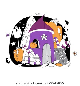 Vector image of a house with a spider web and pumpkins and bats. Vector illustration in flat style on the theme of Halloween.