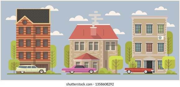 Vector image of houses in classical style. Can be used for various design, for video games, for animation and more.