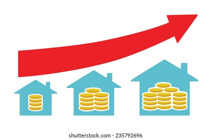 Vector image of houses with money from small to large size, with a red arrow above