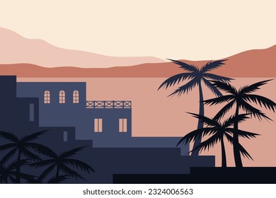 Vector image of houses on the background of nature.