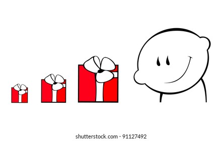 vector image how man compare gifts, isolated on white