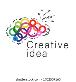 Vector image of a human brain consisting of multi-colored circles and dots on a white background. Creative illustration for logo, icon of innovative thinking, development of new ideas, brainstorming.