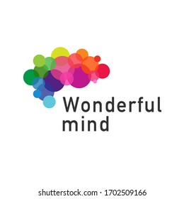 Vector image of a human brain consisting of multi-colored circles and dots on a white background. Creative illustration for logo, icon of innovative thinking, development of new ideas, brainstorming.
