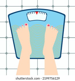 Vector image of a human feet with red nails standing on a scale