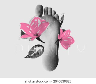 Vector image of a human foot with flowers and leaves with a graphic effect of halftone.