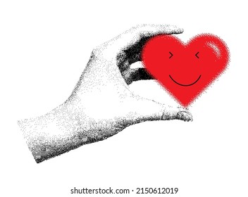 Vector image of human Hand holding a heart with a smile isolated on background with geometric shapes and elements