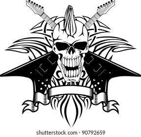 Vector image of a human skull with the crossed guitars and pattern