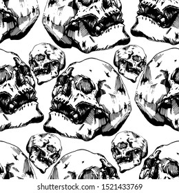 Vector image of human skull. Halloween sketch. Seamless pattern