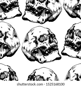 Vector image of human skull. Halloween sketch. Seamless pattern